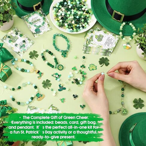 Chunful 728 Pcs DIY St. Patrick's Day Beads for Bracelet Necklace Gift Jewelry Making Kit Lucky Shamrock Clover Green Acrylic Bead Gold Enamel Hat Beer Charm with Greeting Cards for Friend Irish Party in Saudi Arabia