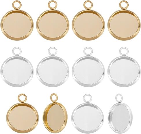 Beebeecraft 1 Box 40Pcs Blank Bezel Charms 24K Gold & Sterling Silver Plated 304 Stainless Steel Round 12mm Pendant Cabochon Settings for Jewelry Making Cameo Photo in Saudi Arabia