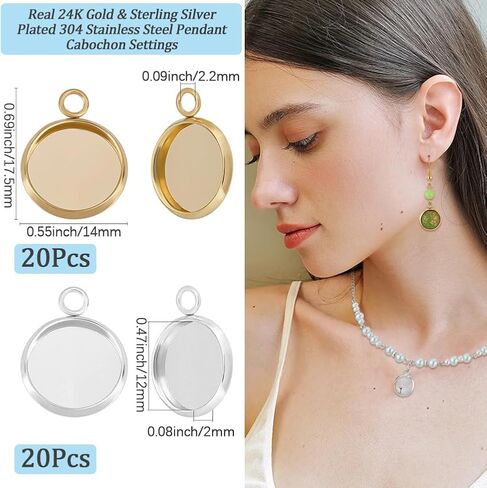 Beebeecraft 1 Box 40Pcs Blank Bezel Charms 24K Gold & Sterling Silver Plated 304 Stainless Steel Round 12mm Pendant Cabochon Settings for Jewelry Making Cameo Photo in Saudi Arabia