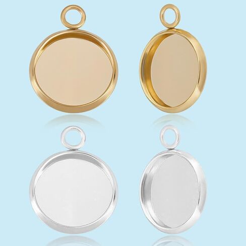 Beebeecraft 1 Box 40Pcs Blank Bezel Charms 24K Gold & Sterling Silver Plated 304 Stainless Steel Round 12mm Pendant Cabochon Settings for Jewelry Making Cameo Photo in Saudi Arabia