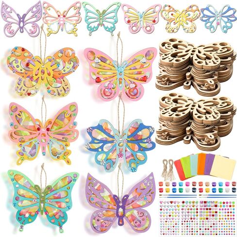 Blueweenly 24 Pcs Butterfly Shaped Wooden Craft Set DIY Butterfly Craft Ornaments to Paint Blank Unfinished Wood Cutouts 4 Inch for Birthday Hanging Home Decorations Summer Spring Party Gifts in Saudi Arabia