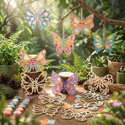 Blueweenly 24 Pcs Butterfly Shaped Wooden Craft Set DIY Butterfly Craft Ornaments to Paint Blank Unfinished Wood Cutouts 4 Inch for Birthday Hanging Home Decorations Summer Spring Party Gifts in Saudi Arabia