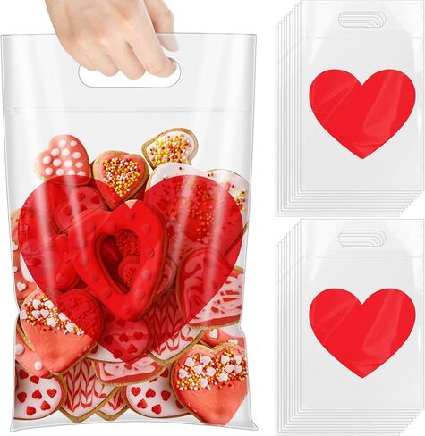 Kolldenn 100 Pcs Valentine's Day Heart Treat Bags with Handles Clear Plastic Gift Bags for Candy, Cookies & Snacks Bulk Valentine Goodie Bag for Party Favors & Bakery Packaging in Saudi Arabia