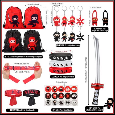 Tondiamo 112 Pcs Ninja Pirate Party Favors with Drawstring Backpack Headband Inflatable Sword Bracelet Sticker Keychain Stretch Ninja or Pirate Eye Mask For Karate Birthday (Ninja Style) in Saudi Arabia