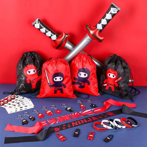 Tondiamo 112 Pcs Ninja Pirate Party Favors with Drawstring Backpack Headband Inflatable Sword Bracelet Sticker Keychain Stretch Ninja or Pirate Eye Mask For Karate Birthday (Ninja Style) in Saudi Arabia