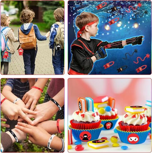 Tondiamo 112 Pcs Ninja Pirate Party Favors with Drawstring Backpack Headband Inflatable Sword Bracelet Sticker Keychain Stretch Ninja or Pirate Eye Mask For Karate Birthday (Ninja Style) in Saudi Arabia