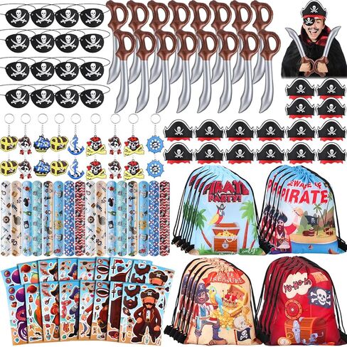 Tondiamo 112 Pcs Ninja Pirate Party Favors with Drawstring Backpack Headband Inflatable Sword Bracelet Sticker Keychain Stretch Ninja or Pirate Eye Mask For Karate Birthday (Ninja Style) in Saudi Arabia