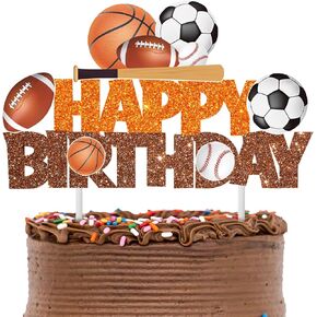 Sports Birthday Cake Topper Glitter Orange and Brown Sport Theme Birthday Party Decoration Baseball Basketball Soccer Cake Decorations Rugby Party Decor for Sports Ball Theme Baby Shower Supplies in Saudi Arabia