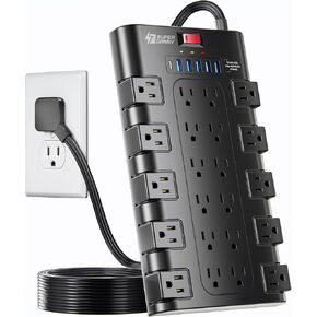 قطاع الطاقة، واقي التيار المتردد SUPERDANNY مع 22 منفذ تيار متردد و6 منافذ شحن USB، 1875 وات/15 أمبير، 2100 جول، سلك تمديد عالي التحمل بقابس مسطح بطول 6.5 قدم للمنزل والمكتب والسكن وغرفة الألعاب، أسود in Kuwait