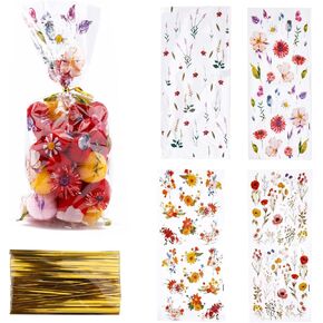 lasuroa 100 قطعة من أكياس علاج السيلوفان على شكل زهرة برية، 4 تصميمات من أكياس هدايا حلوى الزهور البلاستيكية مع 100 ربطة عنق ملفوفة من الزهور البرية لحفلات الزفاف وحفلات الربيع وحفلات الزفاف وأعياد الميلاد in Kuwait