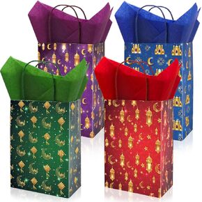FYSUIMU 16Pcs Eid Mubarak Paper Bags with 20 Sheets Tissue Paper Gold Mosque Moon Star Treat Bags with Handles Candy Goodie Bags for Ramadan Muslim Party Favors Supplies in Saudi Arabia