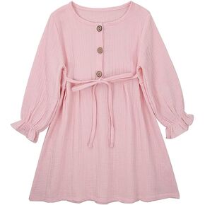 فستان IZYJOY للفتيات الصغيرات من القطن والكتان بأكمام طويلة ورقبة دائرية وأزرار سفلية وحزام قابل للتعديل فستان كاجوال للخريف الأبيض in Kuwait