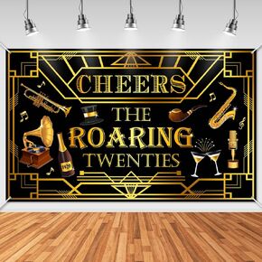 لافتة Avezano Roaring Twenties راية زخارف حفلات 20s باللون الأسود والذهبي Gatsby Theme خلفية عيد ميلاد 1920s Speakeasy عيد ميلاد الزفاف لوازم حفلات الموسيقى (6x3.6ft) in Kuwait