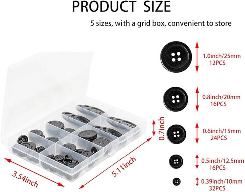 100 pcs Black Buttons for Crafts,5 Sizes Mixed Round Sewing Buttons for Clothes,Suitable for for DIY Crafts,Coats,Shirts,Pants,Shorts in Saudi Arabia