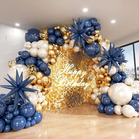 Navy Blue Gold White Balloon Arch Kit, Double Stuffed Pearl Sand White Royal Dark Blue Chrome Gold Confetti Balloons Garland Kit for Birthday Graduation 2026 New Years Party Decoration in Saudi Arabia