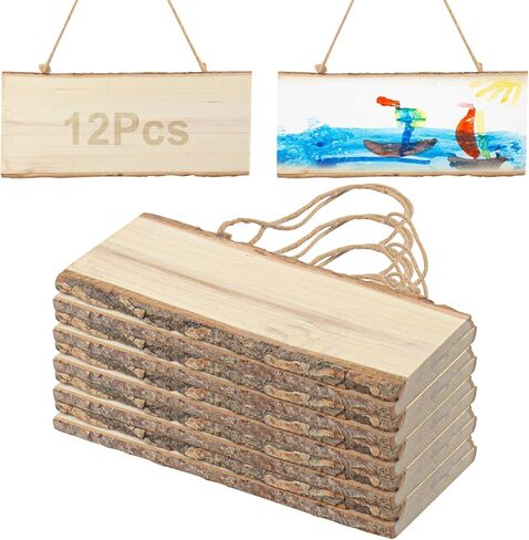 12 Pack 4 x 10 Inch Live Edge Wood Signs, Unfinished Rectangle Wooden Plaque with Tree Bark, Thickness 0.4 Inch Live Edge Wood Plaque for DIY, Wall Hanging Board with Rope for Home Decor in Saudi Arabia