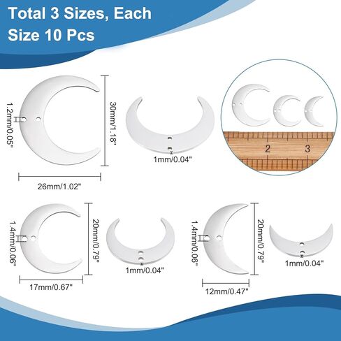CHGCRAFT 30Pcs 3 Size Lunar Charms Connectors Links 201 Stainless Steel Double Holes Silver Crescent Lunar Pendant Link for DIY Bracelet Earring Necklace Keychain Jewelry Crafts Making in Saudi Arabia