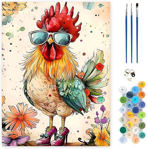 MEIYUDA Rooster Paint by Numbers Kit for Adults, Flowers Funny Chicken Paint by Numbers for Beginners, DIY Acrylic Oil Painting by Number on Canvas Without Frame for Home Wall Decor 12x16in in Saudi Arabia