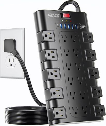 Power Strip, SUPERDANNY Surge Protector with 22 AC Outlets and 6 USB Charging Ports, 1875W/15A, 2100 Joules, 6.5Ft Flat Plug Heavy Duty Extension Cord for Home, Office, Dorm, Gaming Room, Black in Saudi Arabia