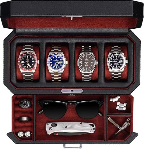 ROTHWELL 4 Slot Leather Watch Box with Drawer - Luxury Watch Case Display Jewelry Organizer, Locking Watch Display Case Holder with Real Glass Top - Watch Box Organizer for Men & Women (Artic Mist) in Saudi Arabia