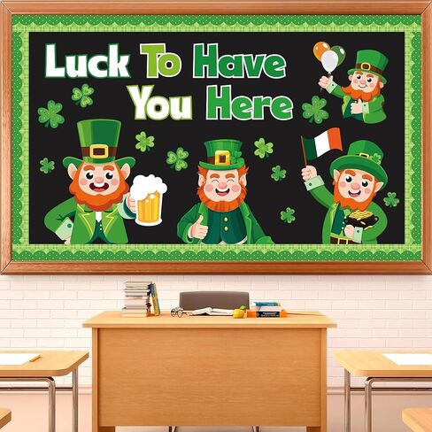 St Patricks Day Bulletin Board Decorations Set St. Patrick's Day Classroom Decoration Shamrock Leprechaun Paper Cutouts Irish Luck to Have You Here Cutout for Home Window Door Wall Chalkboard Border in Kuwait