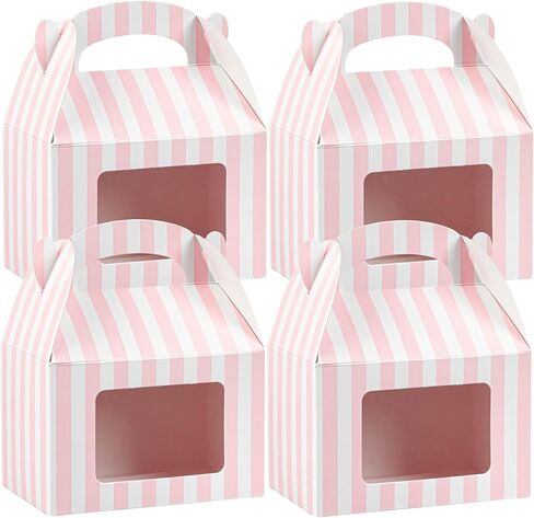 Bio Tek 4 x 2.5 x 2.5 Inch Gable Boxes For Party Favors, 100 Attractive Gift Boxes - Striped Pattern, Pink And White Paper Barn Boxes, Clear PET Window, With Built-In Handle in Saudi Arabia