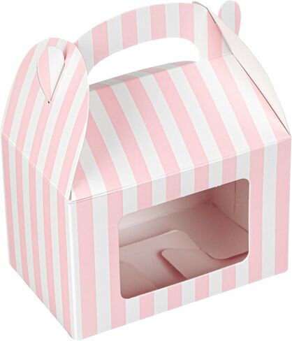 Bio Tek 4 x 2.5 x 2.5 Inch Gable Boxes For Party Favors, 100 Attractive Gift Boxes - Striped Pattern, Pink And White Paper Barn Boxes, Clear PET Window, With Built-In Handle in Saudi Arabia