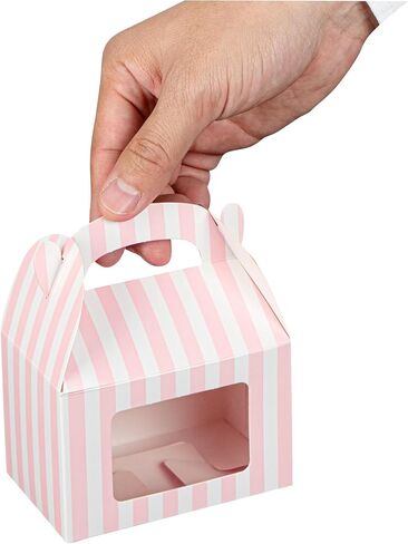 Bio Tek 4 x 2.5 x 2.5 Inch Gable Boxes For Party Favors, 100 Attractive Gift Boxes - Striped Pattern, Pink And White Paper Barn Boxes, Clear PET Window, With Built-In Handle in Saudi Arabia