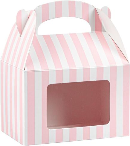 Bio Tek 4 x 2.5 x 2.5 Inch Gable Boxes For Party Favors, 100 Attractive Gift Boxes - Striped Pattern, Pink And White Paper Barn Boxes, Clear PET Window, With Built-In Handle in Saudi Arabia