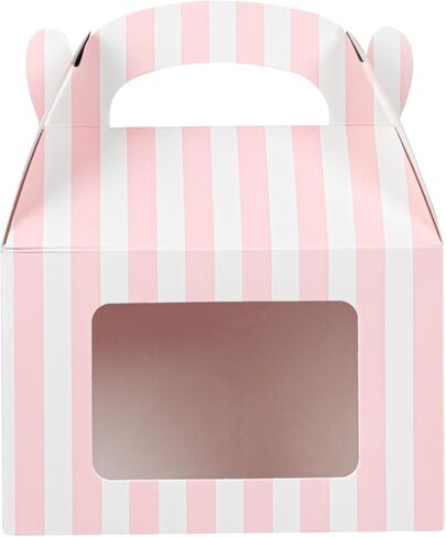 Bio Tek 4 x 2.5 x 2.5 Inch Gable Boxes For Party Favors, 100 Attractive Gift Boxes - Striped Pattern, Pink And White Paper Barn Boxes, Clear PET Window, With Built-In Handle in Saudi Arabia