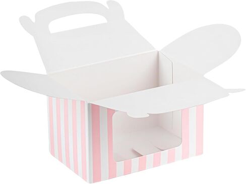 Bio Tek 4 x 2.5 x 2.5 Inch Gable Boxes For Party Favors, 100 Attractive Gift Boxes - Striped Pattern, Pink And White Paper Barn Boxes, Clear PET Window, With Built-In Handle in Saudi Arabia