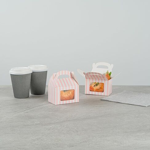 Bio Tek 4 x 2.5 x 2.5 Inch Gable Boxes For Party Favors, 100 Attractive Gift Boxes - Striped Pattern, Pink And White Paper Barn Boxes, Clear PET Window, With Built-In Handle in Saudi Arabia