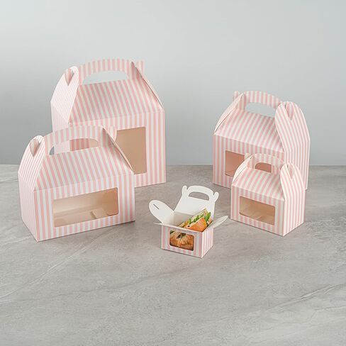 Bio Tek 4 x 2.5 x 2.5 Inch Gable Boxes For Party Favors, 100 Attractive Gift Boxes - Striped Pattern, Pink And White Paper Barn Boxes, Clear PET Window, With Built-In Handle in Saudi Arabia