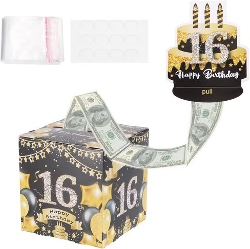 PATIKIL 70th Birthday Money Box for Cash Gift, Birthday Money Pull Box with 100pcs Transparent Bags for Birthday Surprise Card Party Decorations Women Girl Men Boy Best Friend, Black Gold in Saudi Arabia