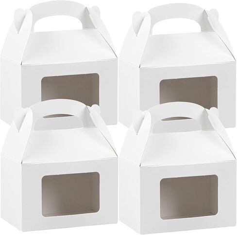 Bio Tek 4 x 2.5 x 2.5 Inch Gable Boxes For Party Favor, 25 Striped Gift Boxes - Clear Window, Built-In Handle, Pink And White Paper Barn Boxes, Disposable, For Parties in Saudi Arabia