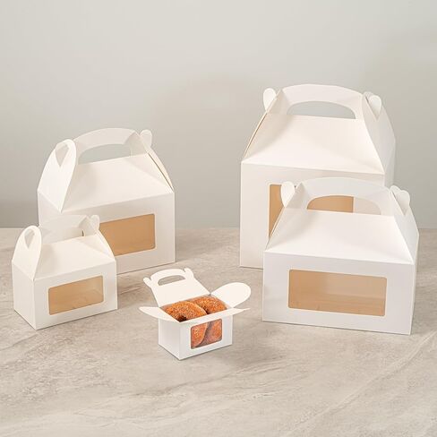 Bio Tek 4 x 2.5 x 2.5 Inch Gable Boxes For Party Favor, 25 Striped Gift Boxes - Clear Window, Built-In Handle, Pink And White Paper Barn Boxes, Disposable, For Parties in Saudi Arabia