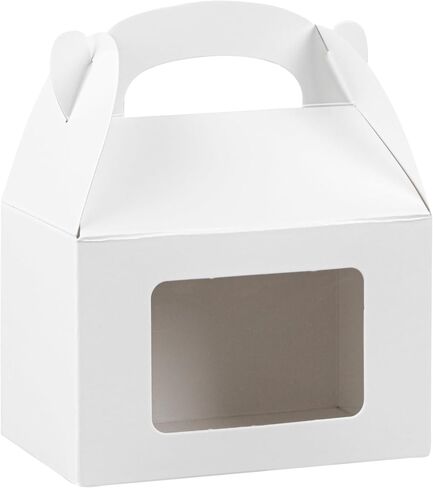 Bio Tek 4 x 2.5 x 2.5 Inch Gable Boxes For Party Favor, 25 Striped Gift Boxes - Clear Window, Built-In Handle, Pink And White Paper Barn Boxes, Disposable, For Parties in Saudi Arabia