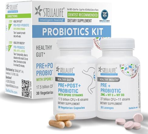 StellaLife Probiotics Oral & Gut Prebiotics Post Probiotics Kit: 9 Oral & 6 Gut Spore strains for Digestive & Dental Health, Bad Breath Treatment for Adults, Tongue Hygiene, Strawberry Flavor in Saudi Arabia