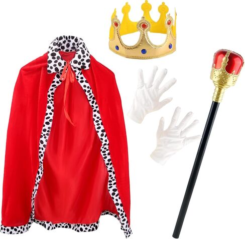 4 Pcs King Costume for Kids Red Cloak Child Robe with Golves Golden Crown Scepter Prince Cape Dress up for Boys Girls Halloween Role Play Party in Saudi Arabia