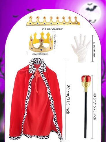 4 Pcs King Costume for Kids Red Cloak Child Robe with Golves Golden Crown Scepter Prince Cape Dress up for Boys Girls Halloween Role Play Party in Saudi Arabia