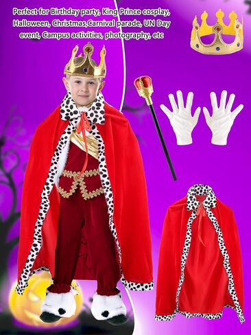 4 Pcs King Costume for Kids Red Cloak Child Robe with Golves Golden Crown Scepter Prince Cape Dress up for Boys Girls Halloween Role Play Party in Saudi Arabia