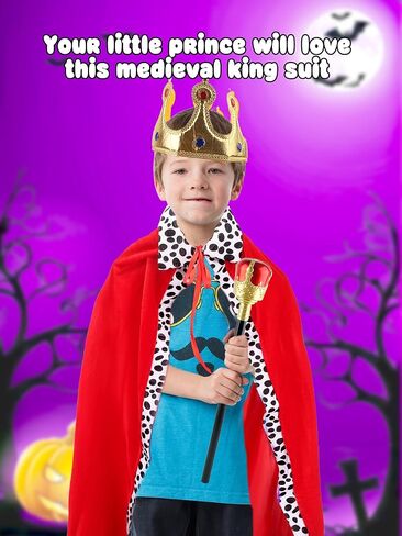 4 Pcs King Costume for Kids Red Cloak Child Robe with Golves Golden Crown Scepter Prince Cape Dress up for Boys Girls Halloween Role Play Party in Saudi Arabia
