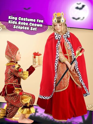 4 Pcs King Costume for Kids Red Cloak Child Robe with Golves Golden Crown Scepter Prince Cape Dress up for Boys Girls Halloween Role Play Party in Saudi Arabia