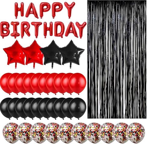 زينة عيد ميلاد للرجال والنساء، بالونات سوداء وحمراء، لافتة عيد ميلاد سعيد، ستارة ذات أهداب معدنية لمستلزمات حفلات عيد الميلاد الثامن عشر والثلاثين والأربعين والخمسين والستين in Kuwait