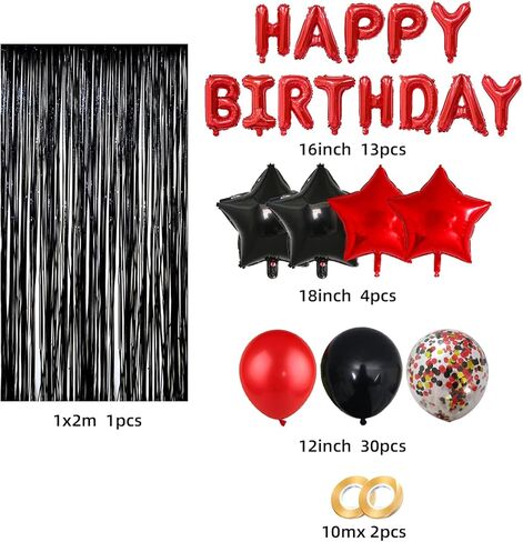 زينة عيد ميلاد للرجال والنساء، بالونات سوداء وحمراء، لافتة عيد ميلاد سعيد، ستارة ذات أهداب معدنية لمستلزمات حفلات عيد الميلاد الثامن عشر والثلاثين والأربعين والخمسين والستين in Kuwait