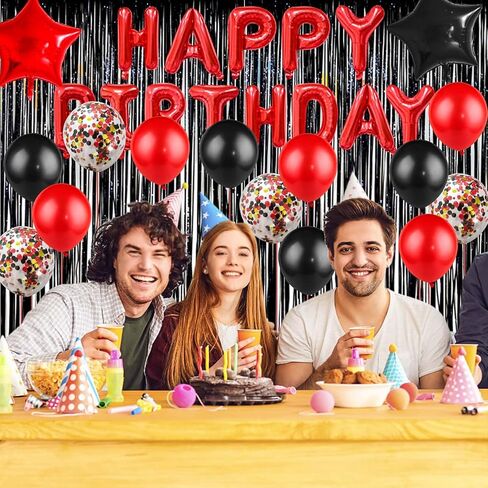 زينة عيد ميلاد للرجال والنساء، بالونات سوداء وحمراء، لافتة عيد ميلاد سعيد، ستارة ذات أهداب معدنية لمستلزمات حفلات عيد الميلاد الثامن عشر والثلاثين والأربعين والخمسين والستين in Kuwait