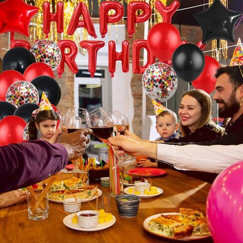 زينة عيد ميلاد للرجال والنساء، بالونات سوداء وحمراء، لافتة عيد ميلاد سعيد، ستارة ذات أهداب معدنية لمستلزمات حفلات عيد الميلاد الثامن عشر والثلاثين والأربعين والخمسين والستين in Kuwait