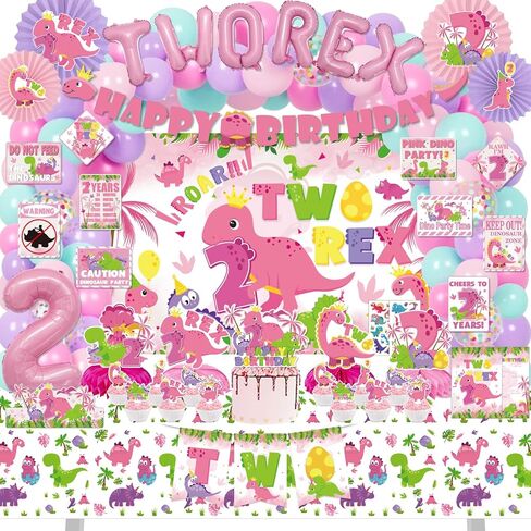 Pink Dinosaur Birthday Decorations for 2nd Girls, Two Rex Girl Dino Theme Party Decor Supplies - Backdrop, Banner, Tablecloth, Centerpieces, Temporary Tattoos, Fans Pompoms, Wall Signs in Saudi Arabia