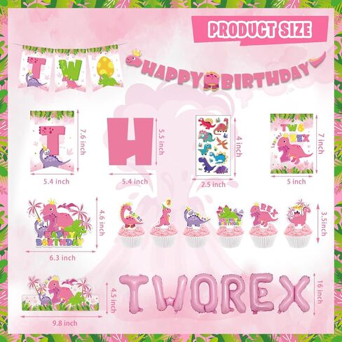Pink Dinosaur Birthday Decorations for 2nd Girls, Two Rex Girl Dino Theme Party Decor Supplies - Backdrop, Banner, Tablecloth, Centerpieces, Temporary Tattoos, Fans Pompoms, Wall Signs in Saudi Arabia