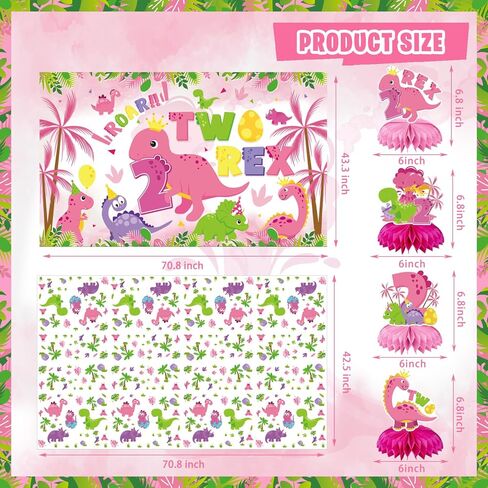 Pink Dinosaur Birthday Decorations for 2nd Girls, Two Rex Girl Dino Theme Party Decor Supplies - Backdrop, Banner, Tablecloth, Centerpieces, Temporary Tattoos, Fans Pompoms, Wall Signs in Saudi Arabia